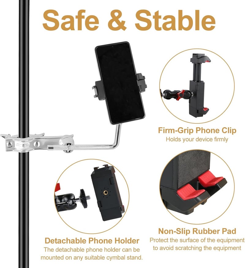 RANMING Drum Set Phone Holder Adjustable Angle Phone Clamp Drum Phones Mount for Recording Drummer Accessories Phones Holder for Electronic Drum Set Compatible with Smartphone and Tablet Computer - Image 5